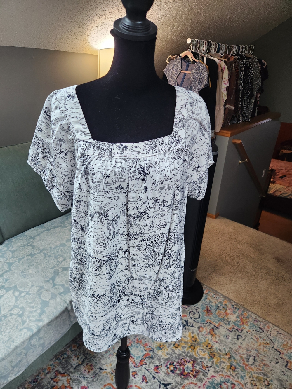 Christopher & Banks Printed Square Neck Blouse White & Blue Medium Great